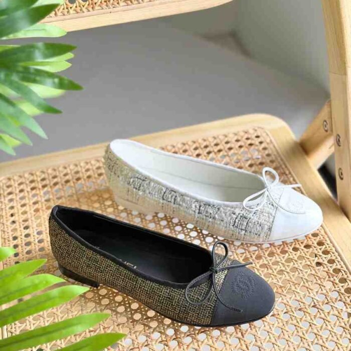 Chanel Tweed Grosgrain Cap Toe Ballerina Flats