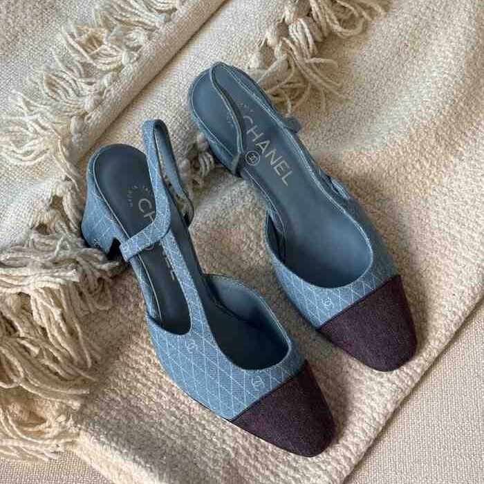 Chanel Classic Flat Denim Slingbacks—casual quilted denim with a signature cap toe and CC detail