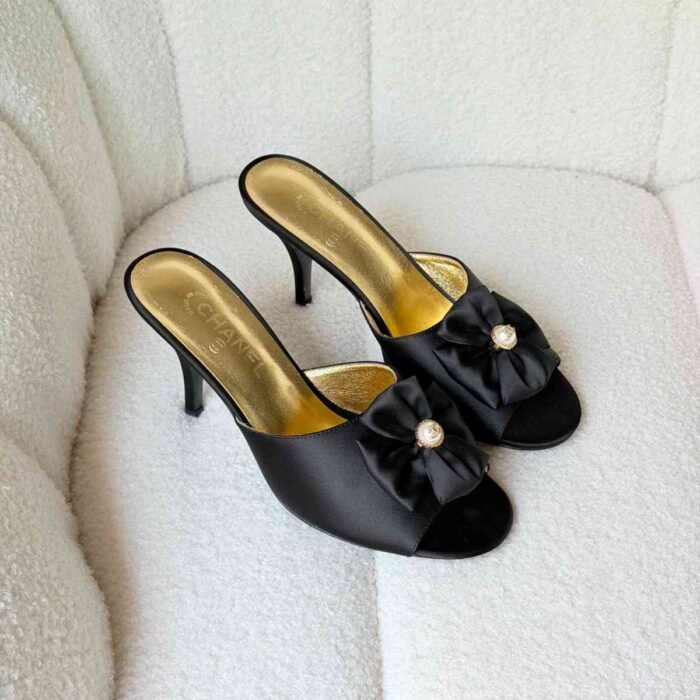 Chanel Black Satin Camellia Flower Pearl Detail Heels