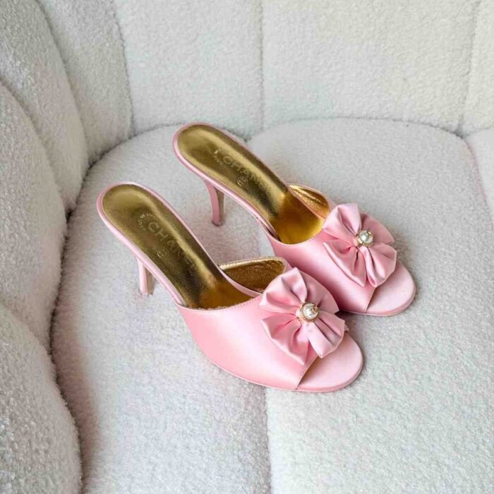 Chanel Pink Satin Camellia Flower Pearl Detail Heels