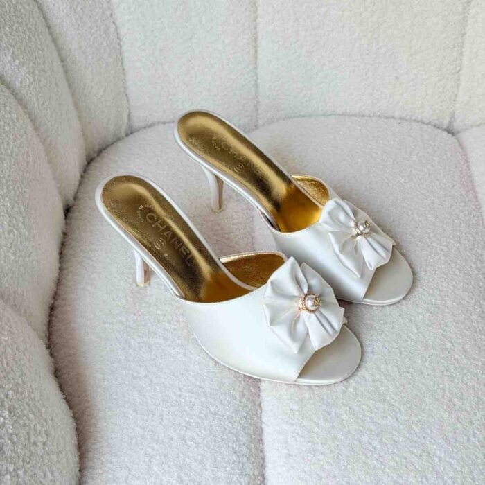 Chanel white Satin Camellia Flower Pearl Detail Heels