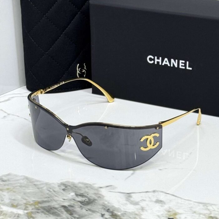 Chanel Shield Oversized Black Lens Sunglasses Gold CC Logo