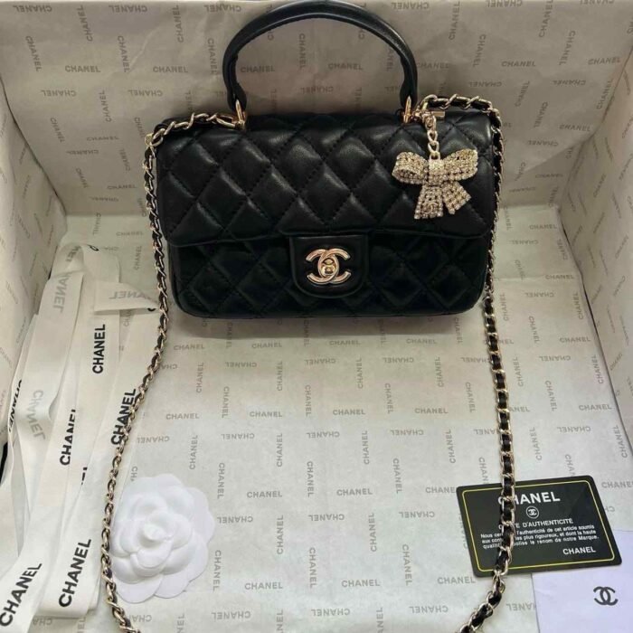 Chanel Mini Rectangular Top Handle Flap Bag Black Lambskin Leather