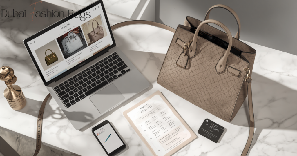 Create a premium editorial-style featured image for a luxury fashion blog article titled **“What to Look for Before Buying a First Copy Bag Online”**. Show a sophisticated **online bag shopping and quality-check scene** featuring an elegant designer-inspired handbag on a premium marble surface, viewed alongside a laptop or tablet displaying an online product listing. Include visual details that represent the key buying checks: multiple product photos, bag dimensions, material texture, stitching, gold hardware, interior compartments, customer reviews, and a return policy. Arrange the scene like a **luxury fashion buyer’s inspection desk**, with subtle visual cues such as a measuring tape, smartphone with a WhatsApp-style seller conversation, close-up bag details, and a small checklist card. Keep everything refined and uncluttered rather than making it look like a technical infographic. Use a sophisticated **Dubai luxury shopping aesthetic** with neutral beige, cream, black, and warm gold tones, elegant marble, soft studio lighting, realistic leather texture, polished metal hardware, and premium editorial photography. Add minimal headline text: **“Before You Buy a First Copy Bag Online”** Smaller subtitle: **“15 Things to Check Before Ordering”** Photorealistic, high-end fashion magazine style, realistic product photography, sharp details, balanced composition, sophisticated shadows, clean premium appearance, no people, no visible brand logos, no watermark, no excessive text. **Canvas: 1200 × 628 px**, horizontal composition, optimized for a professional blog featured image.