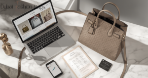 Create a premium editorial-style featured image for a luxury fashion blog article titled **“What to Look for Before Buying a First Copy Bag Online”**. Show a sophisticated **online bag shopping and quality-check scene** featuring an elegant designer-inspired handbag on a premium marble surface, viewed alongside a laptop or tablet displaying an online product listing. Include visual details that represent the key buying checks: multiple product photos, bag dimensions, material texture, stitching, gold hardware, interior compartments, customer reviews, and a return policy. Arrange the scene like a **luxury fashion buyer’s inspection desk**, with subtle visual cues such as a measuring tape, smartphone with a WhatsApp-style seller conversation, close-up bag details, and a small checklist card. Keep everything refined and uncluttered rather than making it look like a technical infographic. Use a sophisticated **Dubai luxury shopping aesthetic** with neutral beige, cream, black, and warm gold tones, elegant marble, soft studio lighting, realistic leather texture, polished metal hardware, and premium editorial photography. Add minimal headline text: **“Before You Buy a First Copy Bag Online”** Smaller subtitle: **“15 Things to Check Before Ordering”** Photorealistic, high-end fashion magazine style, realistic product photography, sharp details, balanced composition, sophisticated shadows, clean premium appearance, no people, no visible brand logos, no watermark, no excessive text. **Canvas: 1200 × 628 px**, horizontal composition, optimized for a professional blog featured image.