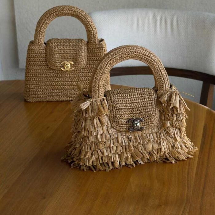 Chanel Dark Beige Kelly Raffia Wood Bag